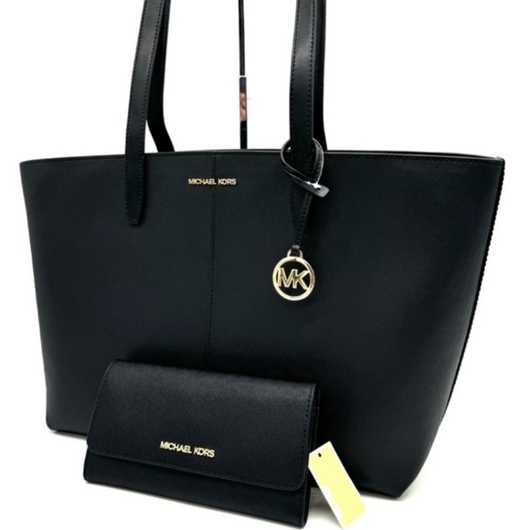 Michael Kors Medium Jet Set Travel Zip Tote Bag & Trifold Wallet Black/Gold